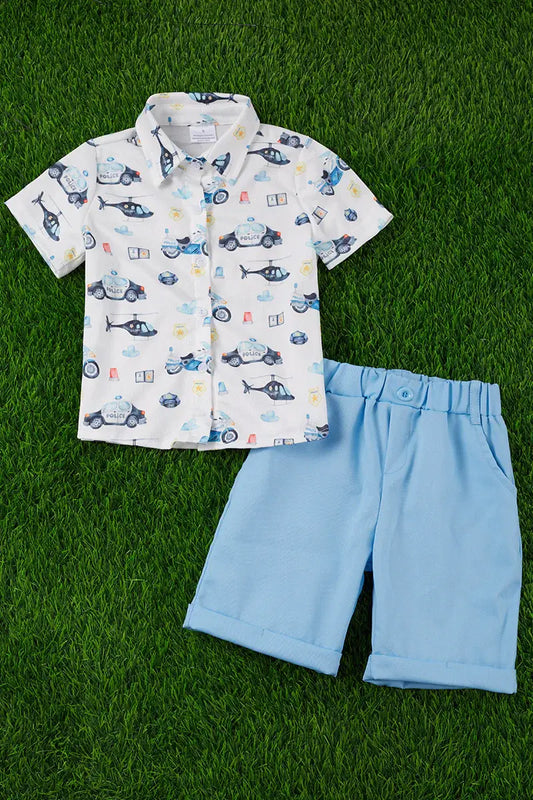 POLICE BIKER BUTTON UP SHIRT & BLUE SHORTS