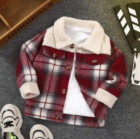 Plaid Fleece Lapel Collar Button Design Coat